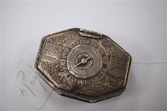 A rare late 17th century silver and tortoiseshell octagonal puzzle tobacco box, gross 3 oz.